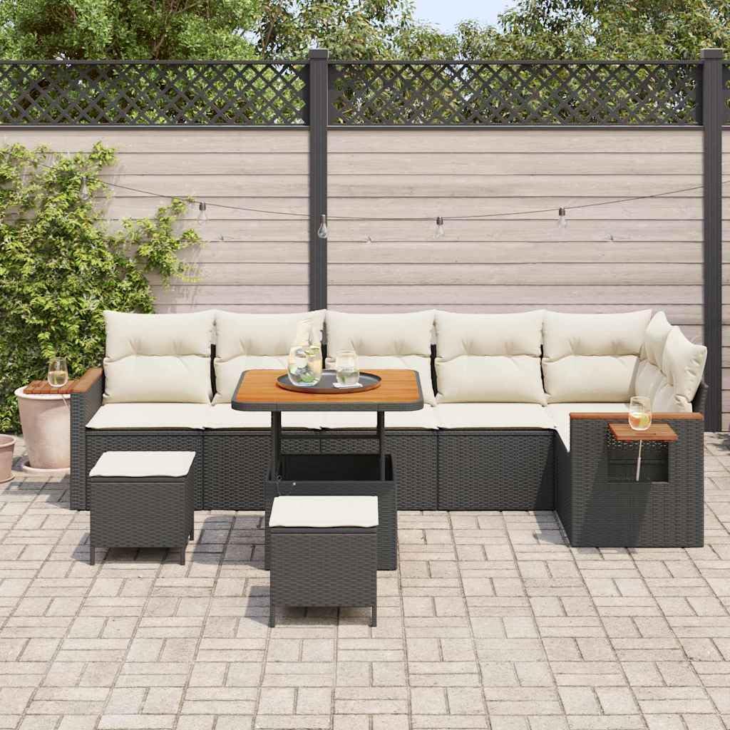 Juego de 9 sofás modulares de poliratán para jardín, color negro, con marco de acero y fundas de cojín de poliéster, para jardín, terraza, balcón