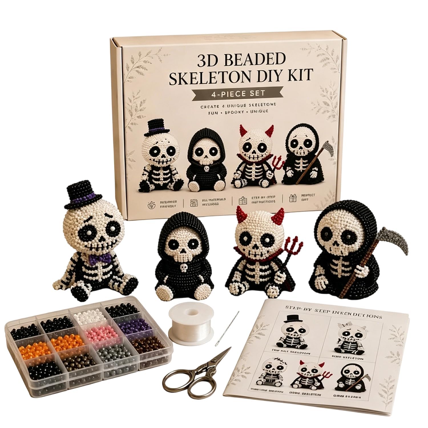Style B 3D Beaded Skeleton Diy Kit, Cute 3D Skeleton Bead Craft Set With Colorful Beads And Instructions, Tiny 3D Beads Diy Set, Handmade Beaded Embroidery For Halloween Adults & Beginners