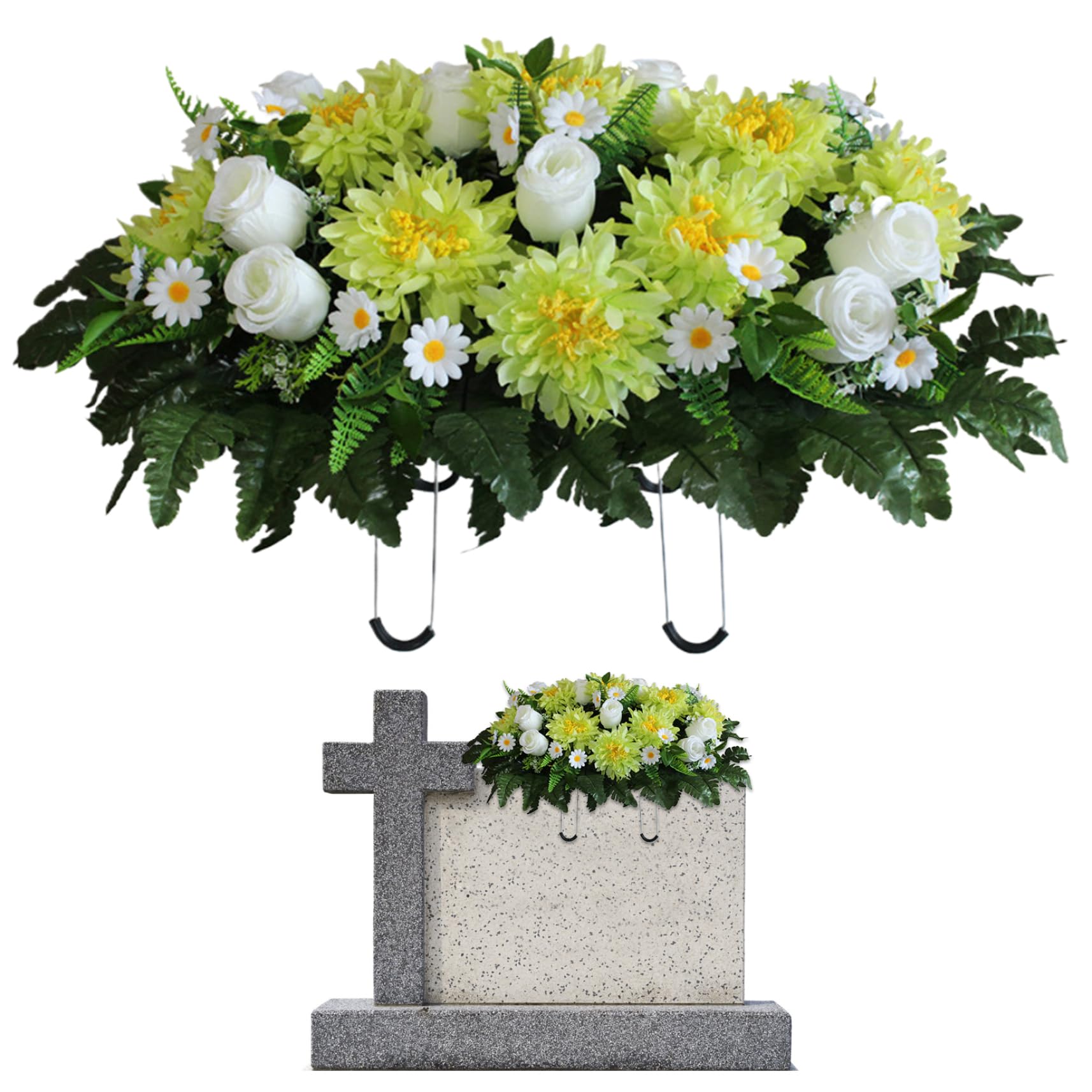 Fleurs de cimetière artificielles réalistes avec chrysanthèmes en Soie 64 x 47 cm Vert.