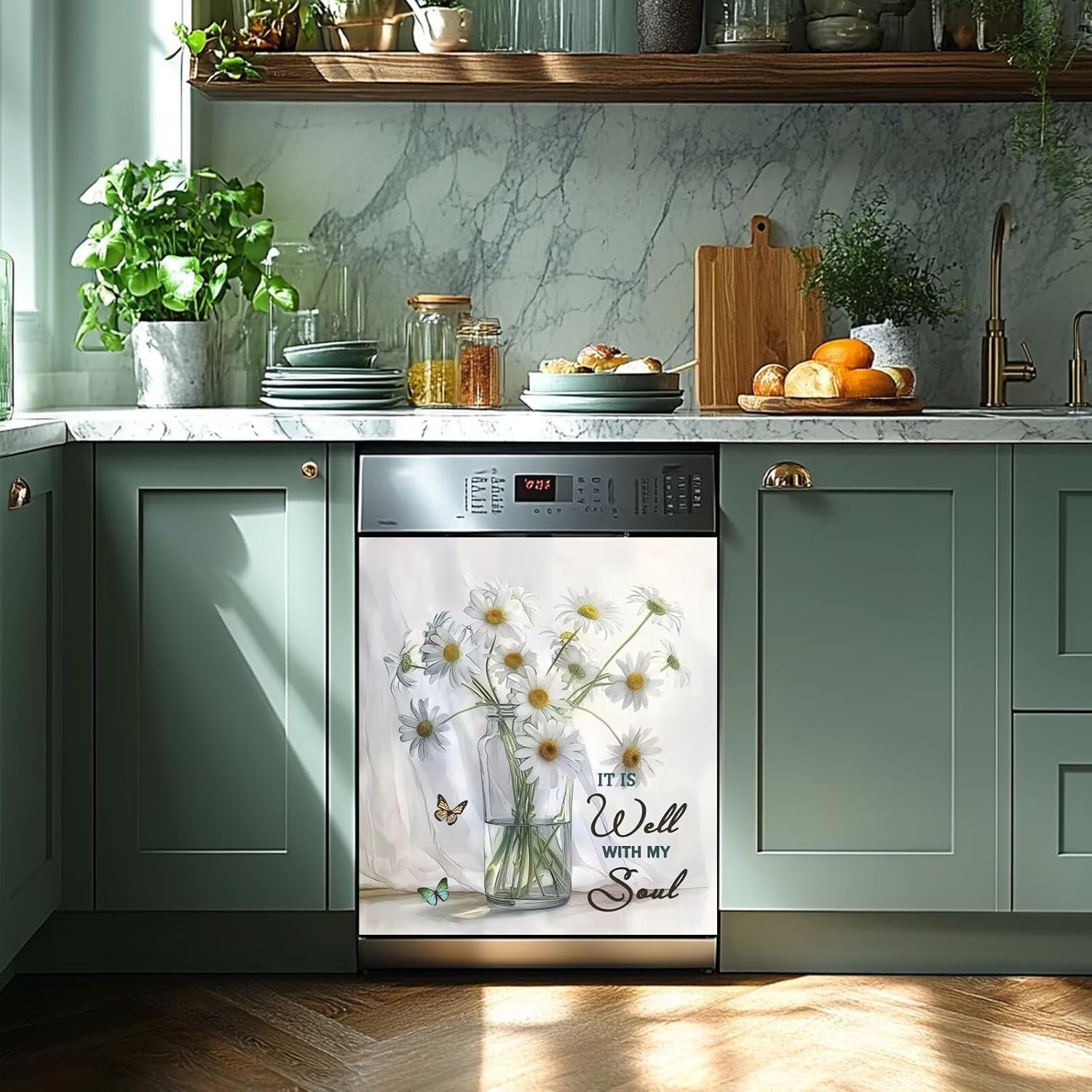 Generic Daisy Flowers Dishwasher Magnet Cover, Butterfly Magnetic Dishwasher Cover, Christian Quotes Magnets Decorative Sticker Refrigerator Home Appliance Panel Sheets for All Season, 23x26 in