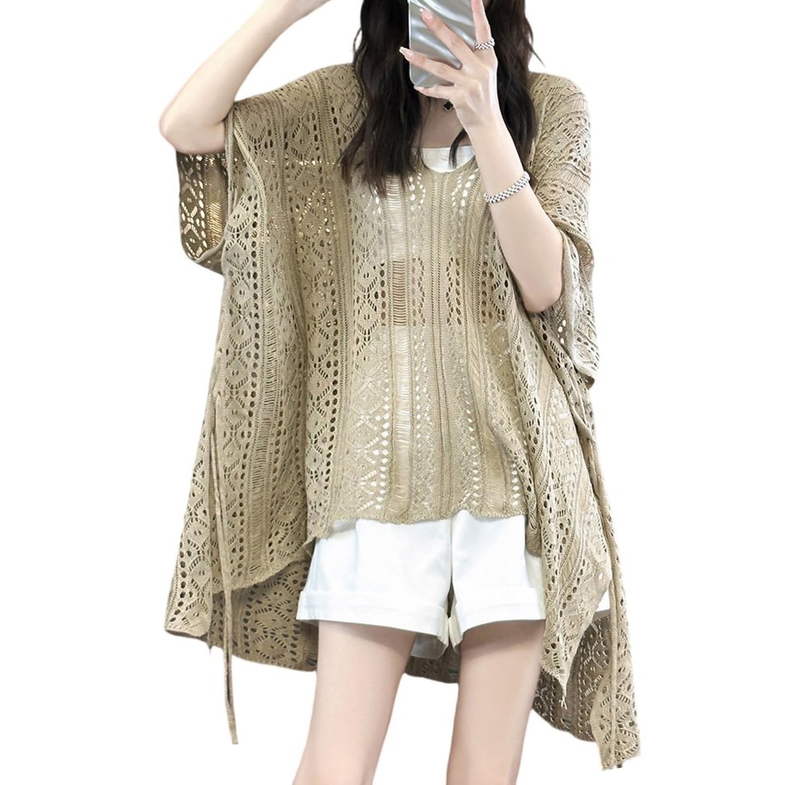 Crochet Cover Ups for Women Hollow Out Irregular Hem Beach Vacation Knit T-Shirts Blouses