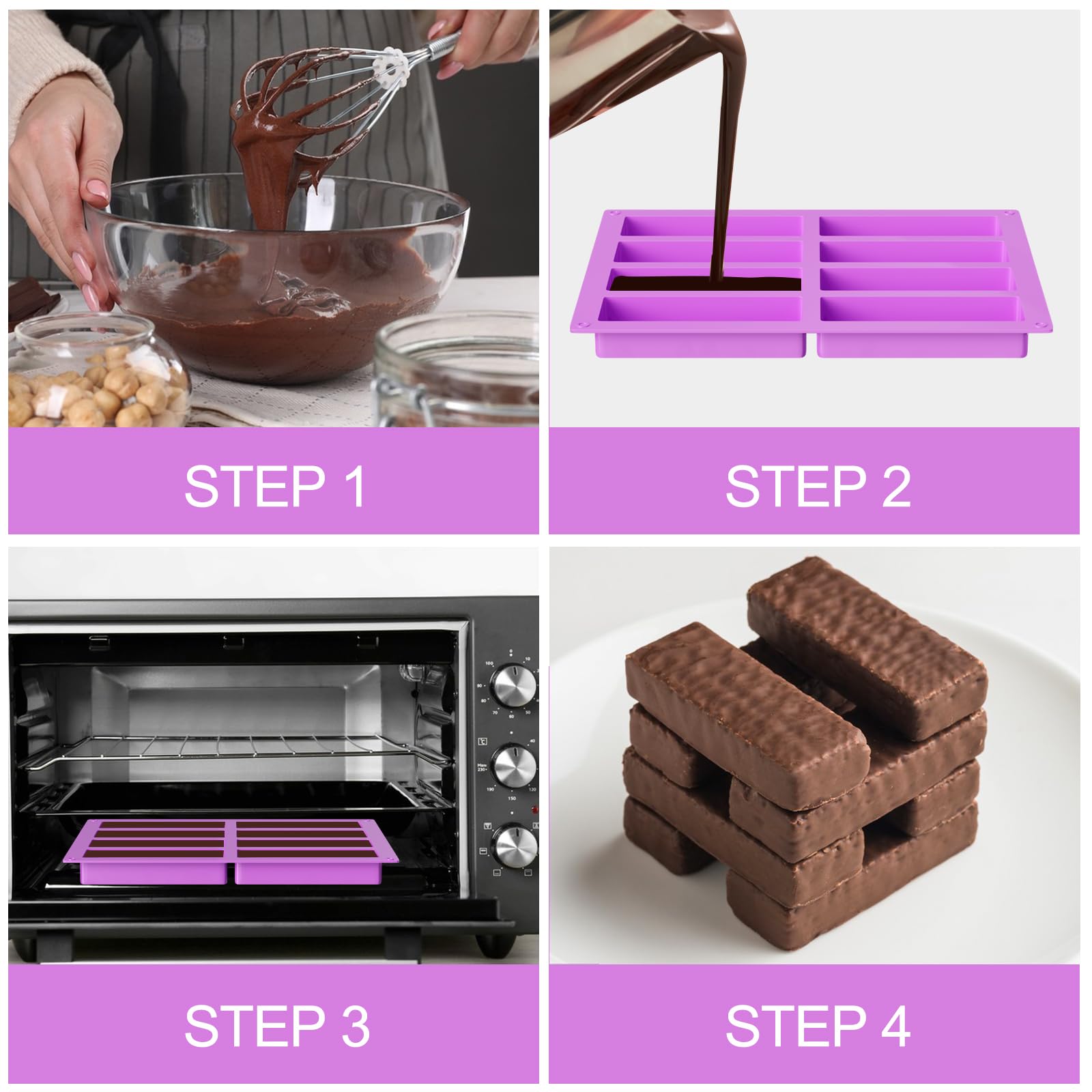 2 Moules En Silicone Rectangulaires 8 Cavités - Pour Barres De Céréales, Chocolat, Gâteaux, Résistant -40°C à 230°C (violet)