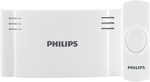 Philips Kit de timbre inalámbrico, receptor a batería, 1 botón, 2 melodías, 4 niveles de volumen, rango de 150 pies, blanco, DES1120W27