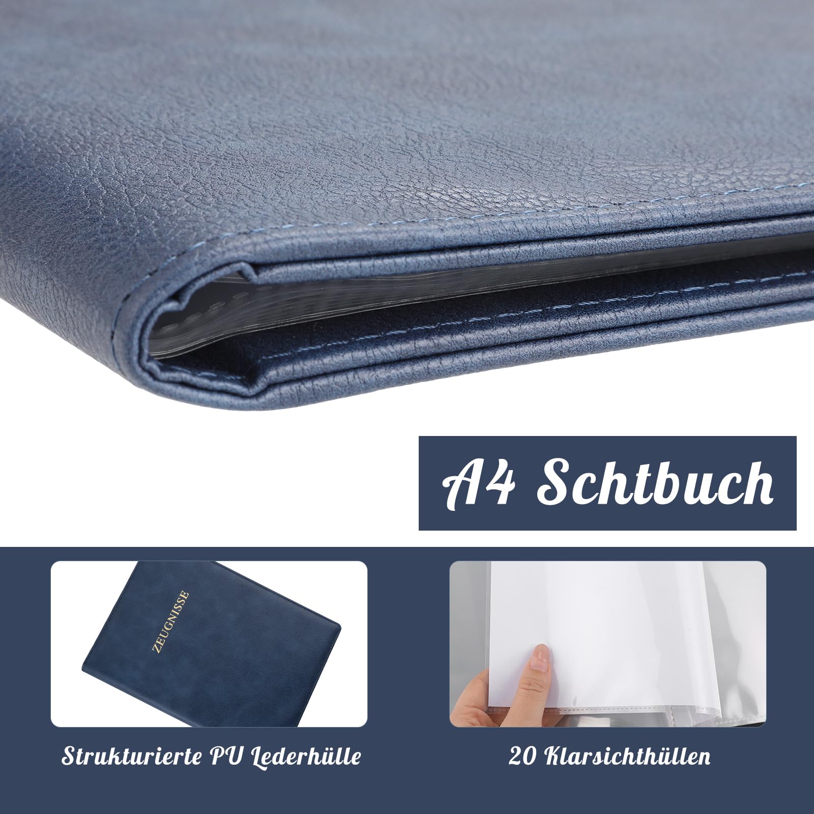 Thboxes Zeugnismappe A4 mit 20 Klarsichthüllen, Einband PU Leder Dokumentenmappe Zeugnismappe Jungen Mädchen Erwachsene Zeugnis Geschenk Sichtbuch für Zertifikate Urkunden Zeugnisse (Dunkelblau)