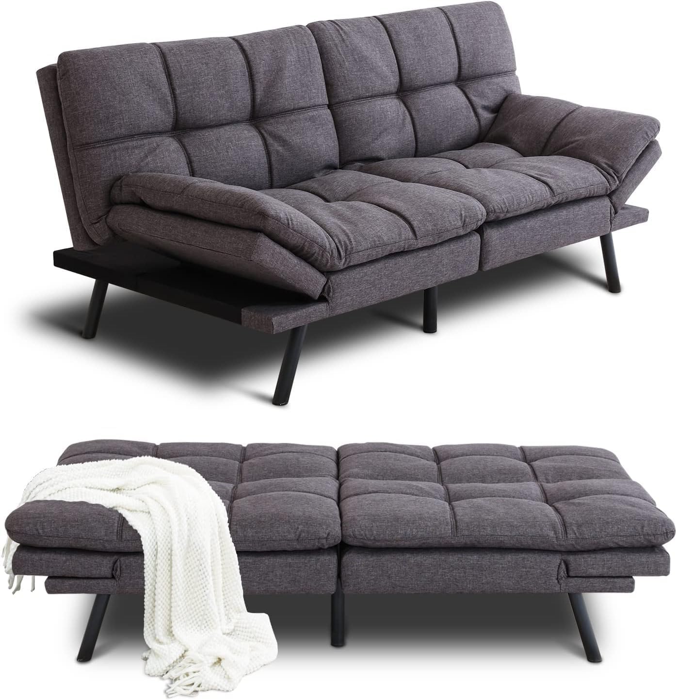 Opoiar Bed with Memory Foam, Convertible Futon Couch with Adjustable Armrests, Multifunctional Sofa Sets for Apartment, Office,Small Spaces Sofabed, Deep Grey