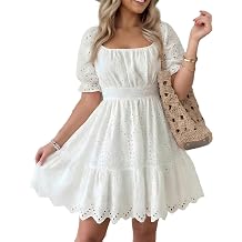 Lingswallow Womens Summer Dress Square Neck Puff Sleeve A Line Mini Dresses | Tie Back, Ruffle Hem, Eyelet, Embroidered Cutouts, Cotton, Comfy, Boho, Casual, Beach, Vacation