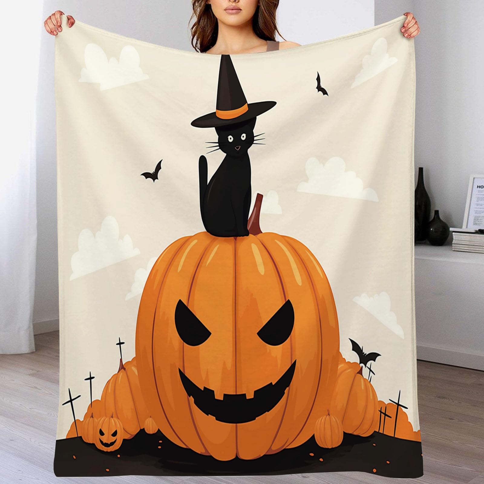 Plaid 200x200cm Halloween Chat Noir | Couverture Flanelle Beige Idée Cadeau Automne