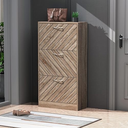 Zapatero con 3 cajones abatibles, organizador de almacenamiento de zapatos con estante de 2 niveles para entrada, organizador de almacenamiento