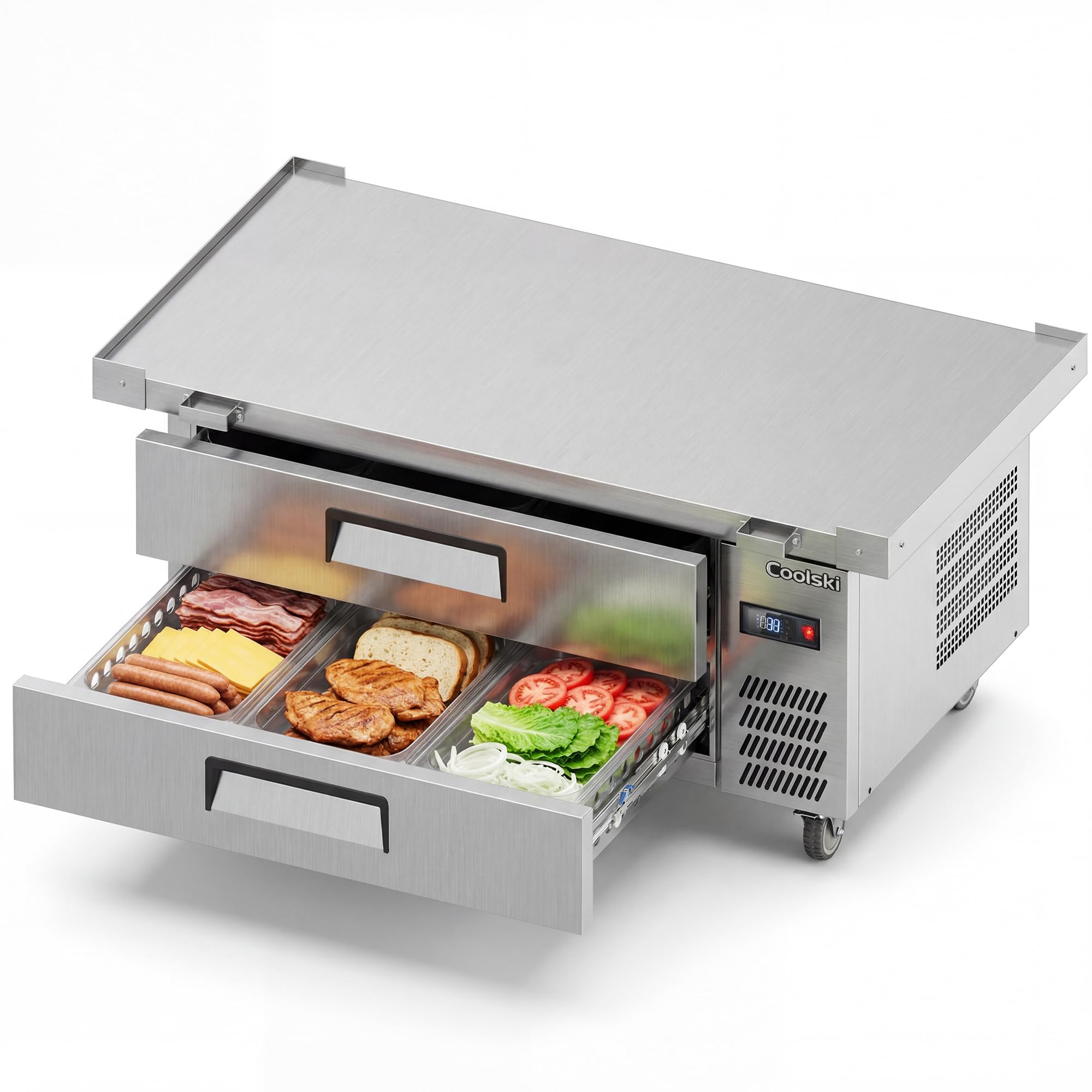Coolski 60”W Chef Base Refrigerator, 2 Drawers Refrigerated Commercial Refrigerator with 6 Pans, 33-41℉ Stainless Steel Refrigerator for Restaurant, Bar, Garage