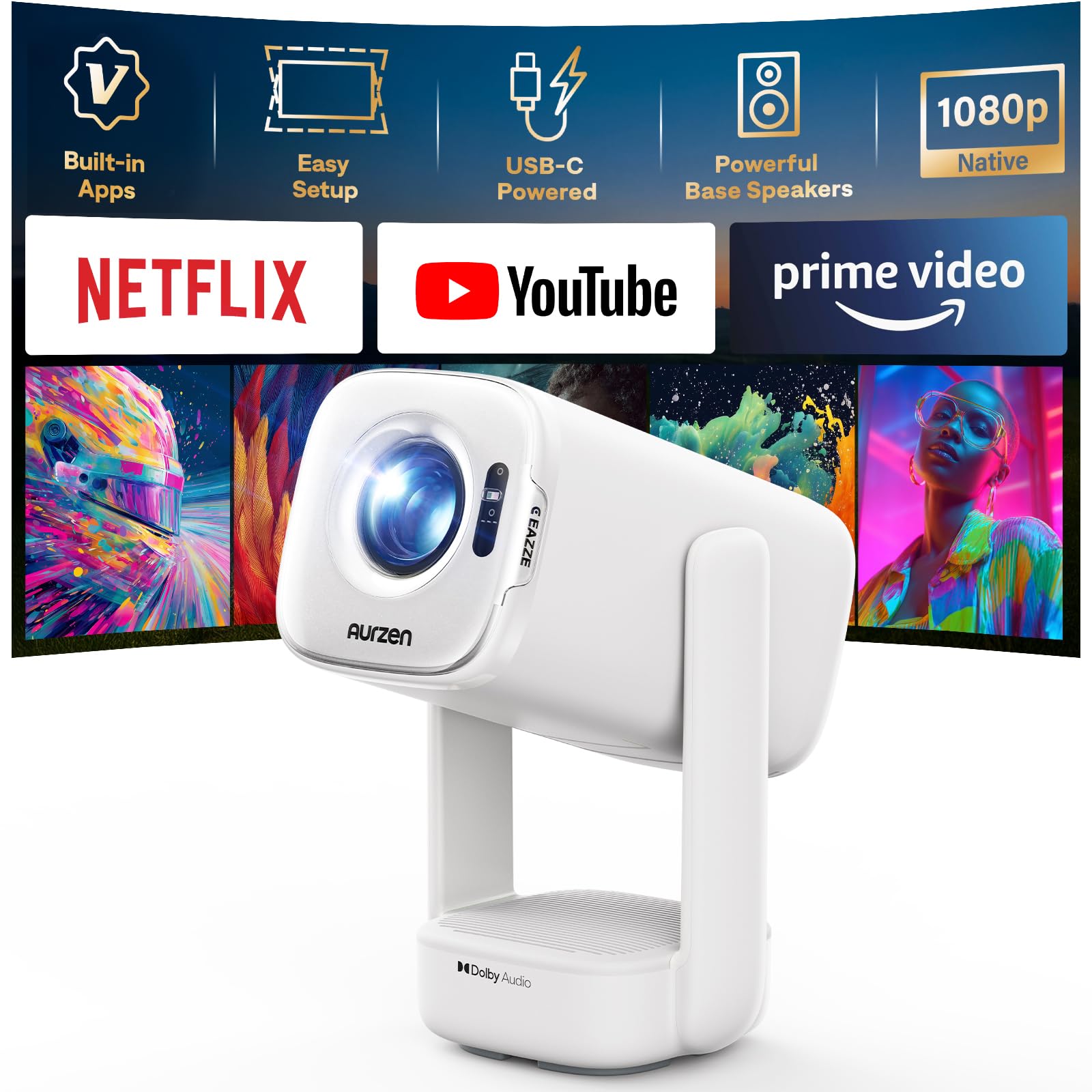 Aurzen D1 air Smart Beamer mit Netflix, 16W Dolby Audio, Beamer Outdoor 1080P mit HDR10 & 4K-Unterstützung, 180° Drehbar Mini Tragbarer Projektor mit USB-C PD, TOF-Autofokus, Trapezkorrektur, Weiß
