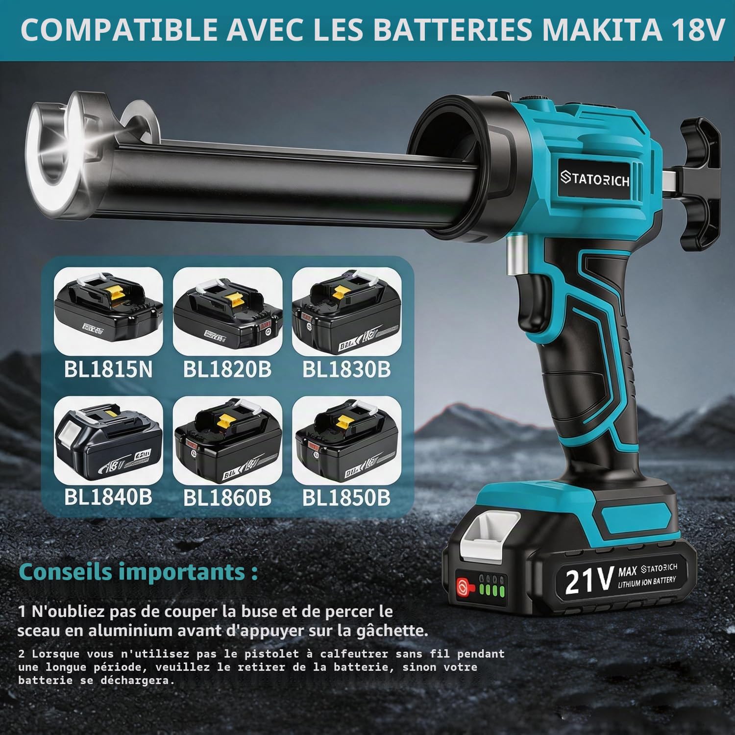 Pistolet à Cartouche Electrique Compatible avec Makita Batteries 18V sans Fil avec 2 x 2000 mAh Batteries, Pistolet Silicone Électrique de 300 ml, Lumière LED, 4 Vitesses, pour Calfeutrer (Bleu)