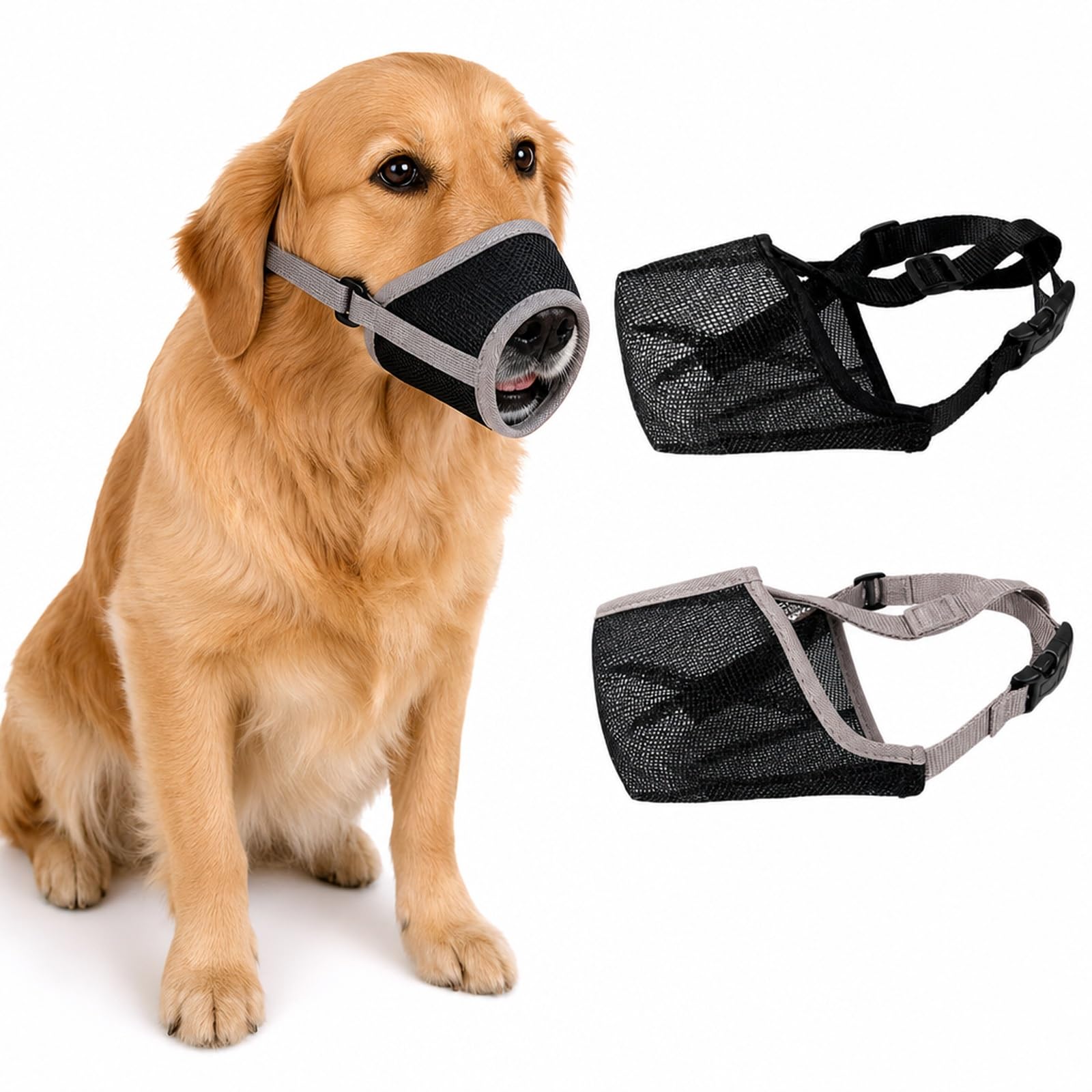 Dog Muzzle Medium, 2 Pack Closed Grey and Open Mesh Black Designs