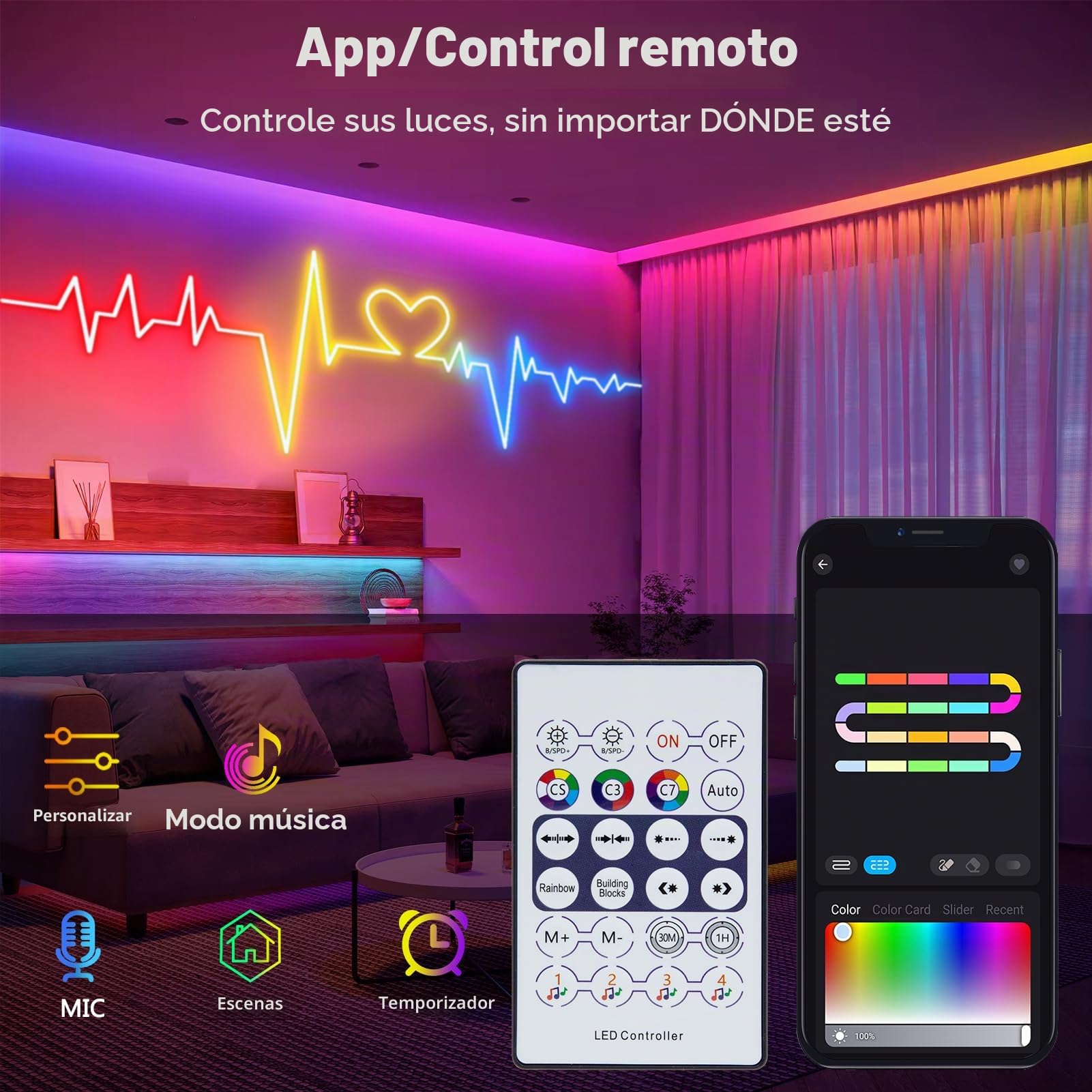 ZAIYW Tira de luces LED de neón de 10 m, RGB y IC, 5 V, con control remoto, sincronización de música, flexible, IP65, resistente al agua, para dormitorio, pared, decoración de juegos
