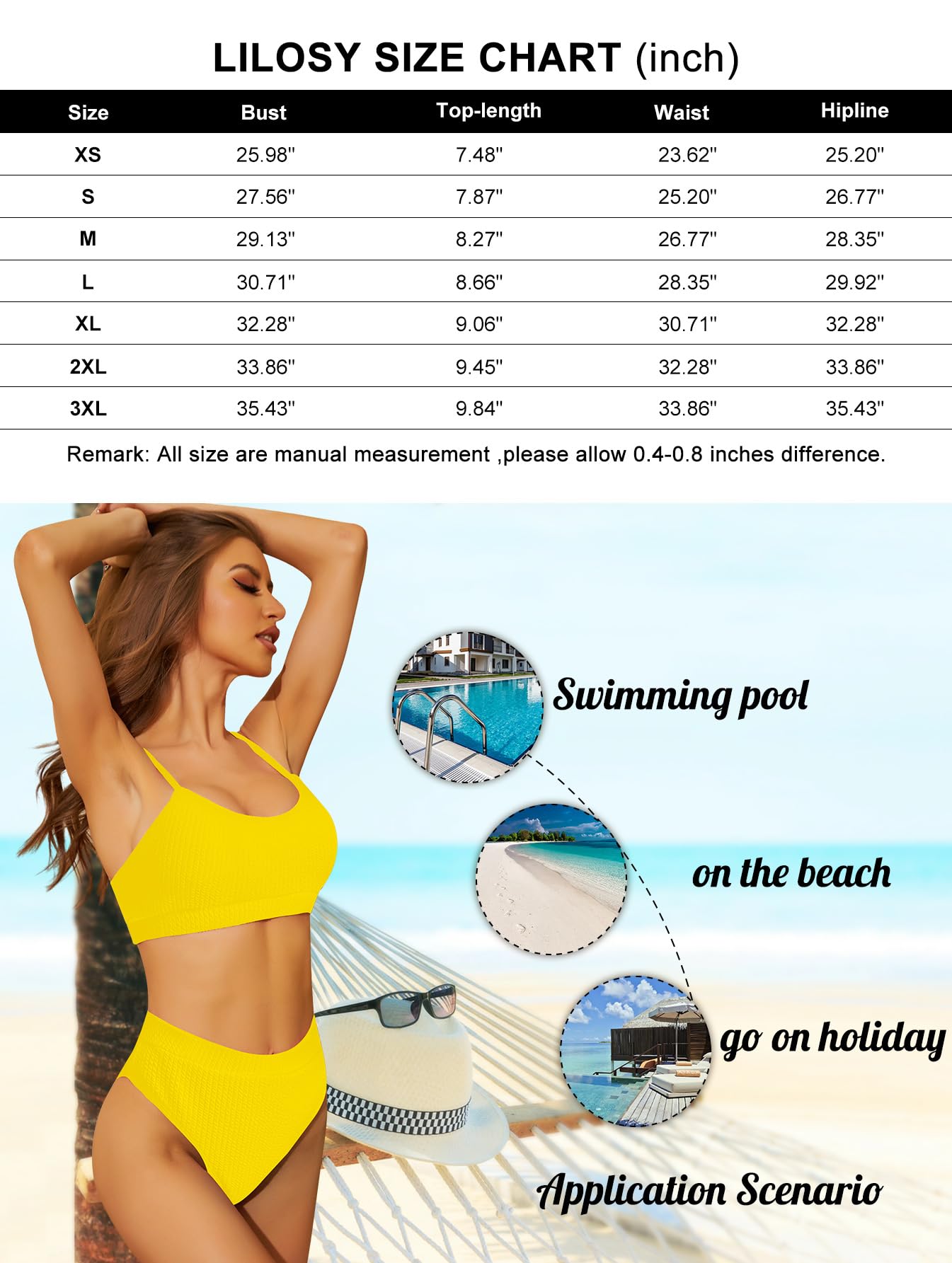 Lilosy Maillot de bain brésilien 2 pièces avec haut court taille haute et contrôle du ventre, jaune, Taille XS