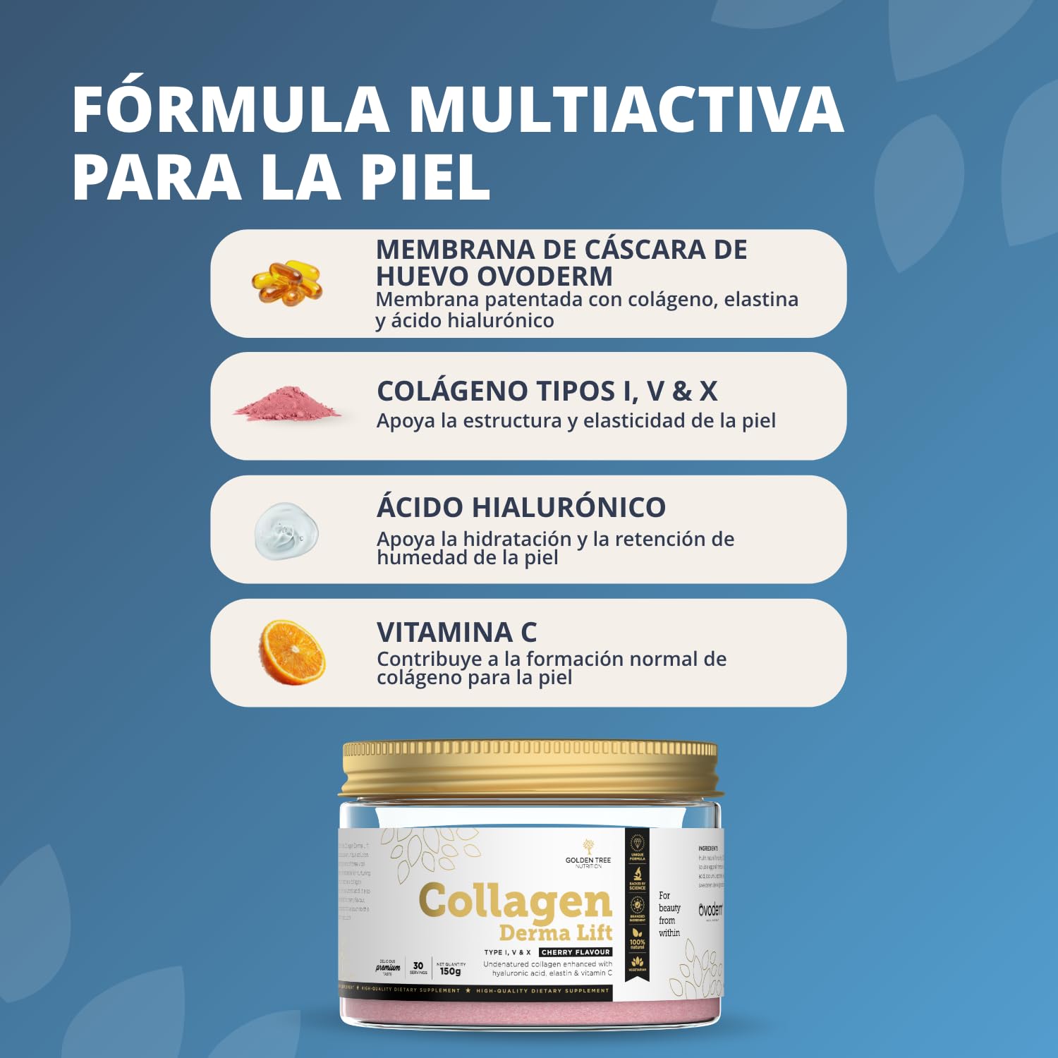 Golden Tree Collagen Derma Lift – Colágeno en Polvo, 150 g | Membrana de Cáscara de Huevo, Ácido Hialurónico, Elastina y Vitamina C, Complemento de Colágeno, Con Tipos I, V y X