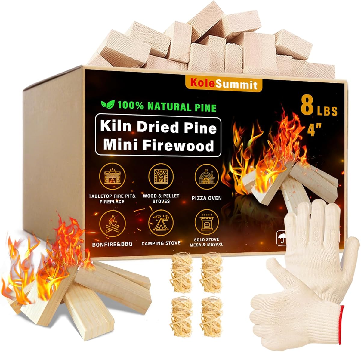 KoleSummit Mini Fire Stick with Fire Starters Gloves 4" Kiln Dried Pine Small Barkless Kindling Logs Compatible with Wood Stoves, Tabletop Fire Pits, BBQ Grills & Pizza Ovens, 8 lb Box