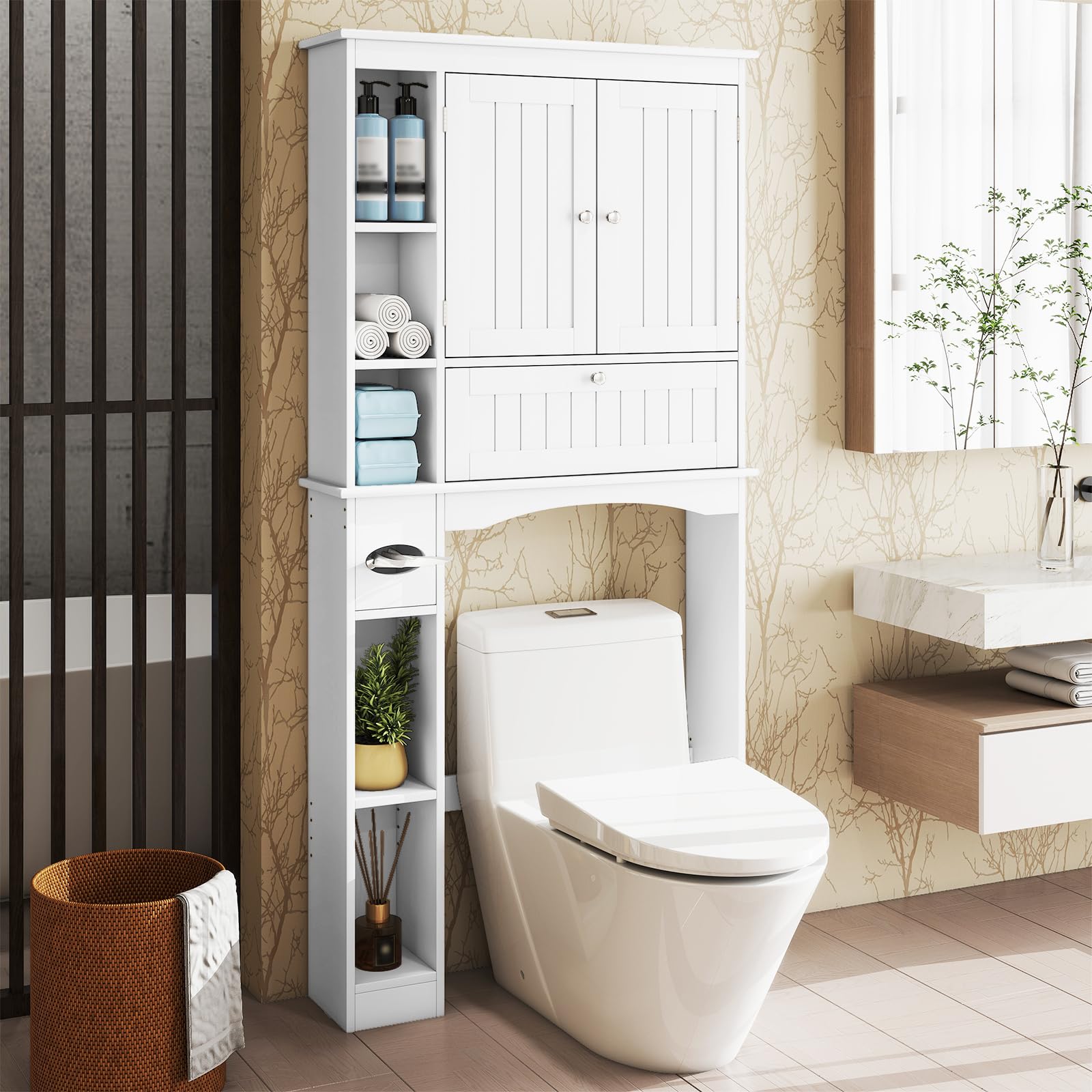 COSTWAY Armario de Almacenamiento sobre el Inodoro, Estantería con 3 Puertas y 6 Compartimentos, Estante Ajustable, Soporte para Papel Higiénico, Organizador Que Ahorra Espacio para Baño, Blanco