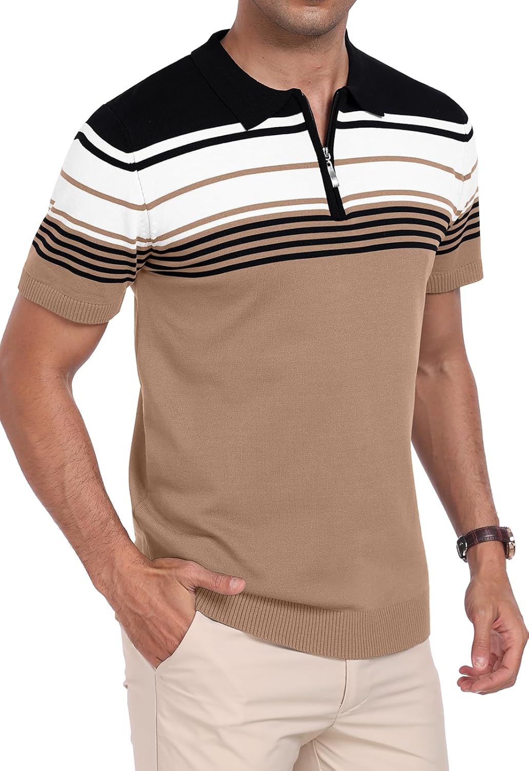 KUYIGO Men's Knit Polo Shirts Short Sleeve Striped Golf Polo Shirts Lightweight Casual Collared T Shirt - Image 2