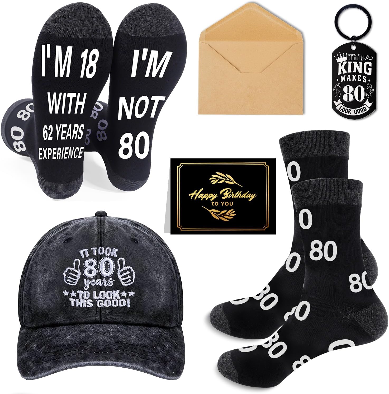 30th 40th 50th 60th 65th 70th 75th 80th 90th Men Birthday Gift for Dad Grandpa Husband Baseball Cap Socks Keyring Card