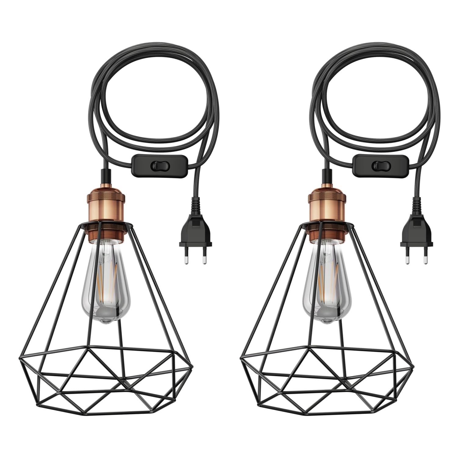 ledscom.de 2x 3 m Textilkabel RETRA, Vintage, Stecker, Schalter, bronze, Käfig-Schirm + LED Lampe 240lm, extra-warmweiß