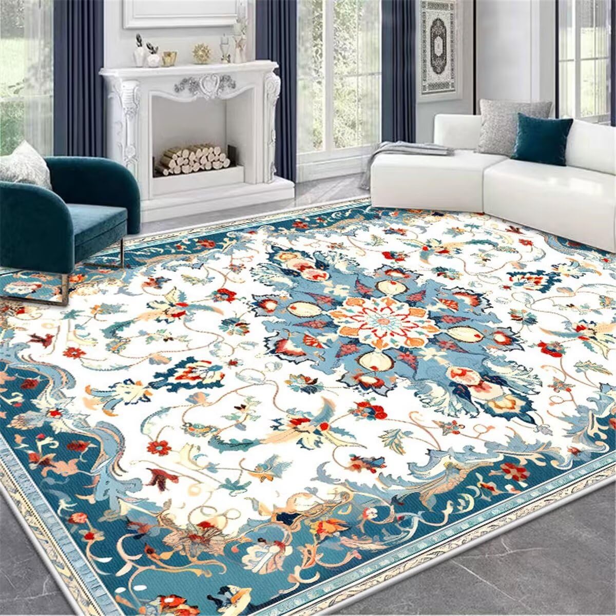 Tapis de restaurant bleu floral pour une ambiance cosy retro