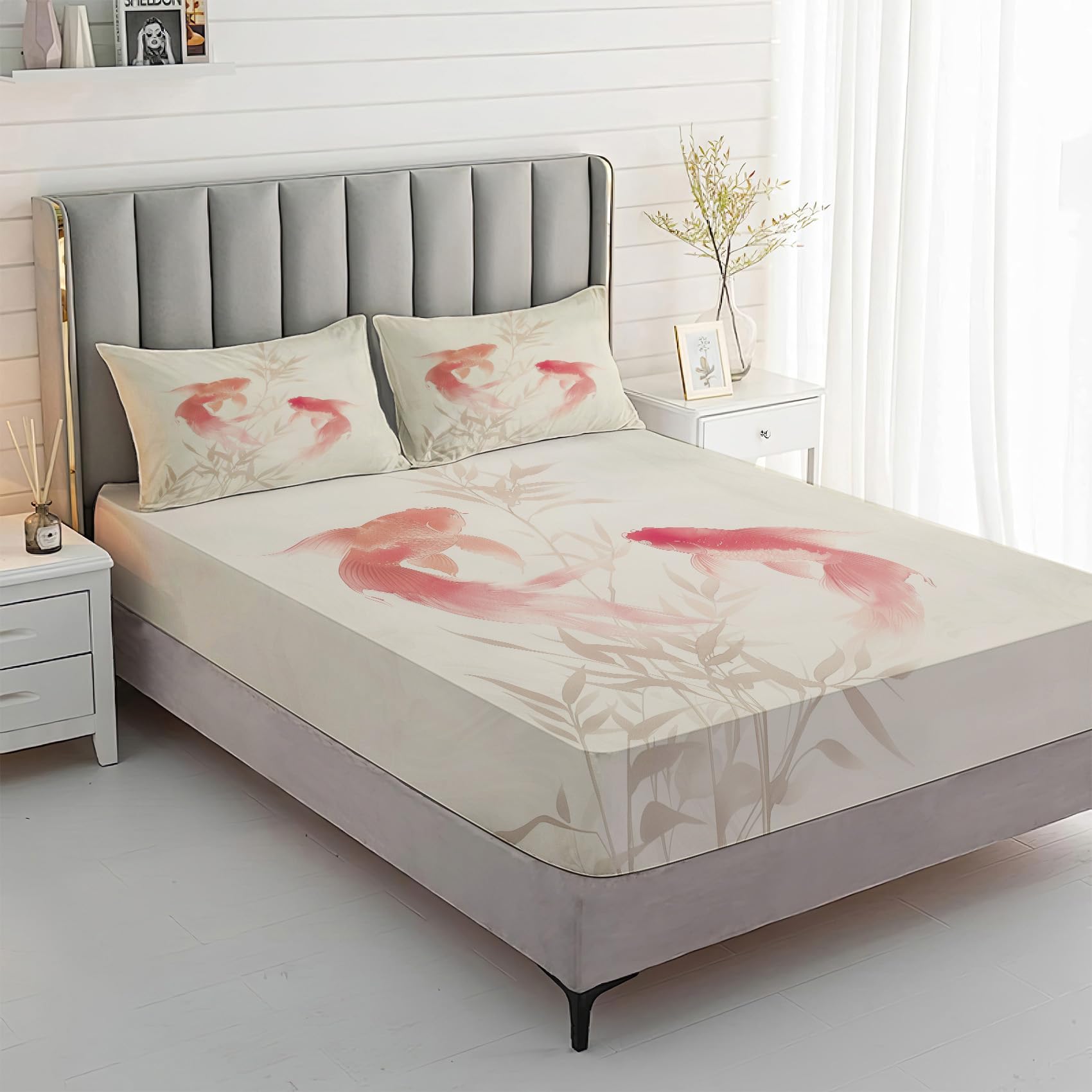 Zvynqour Koi Fish Sheet Set - Deep Pocket Fitted Sheets & Flat Sheet & Pillowcases - 4 Piece Japanese Style Bedding & Decor - Brushed Microfiber