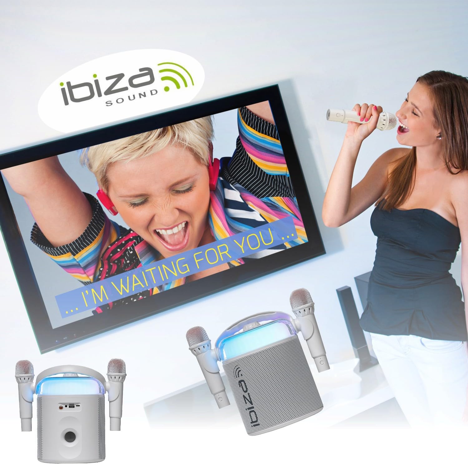 Ibiza Sound - Pack Karaoké Enceinte Portable Bluetooth sans Fil KARAHOME-WH 120W USB SD 2 micros - Boule Disco LEDs RGB Astro-BALL8 Enfant