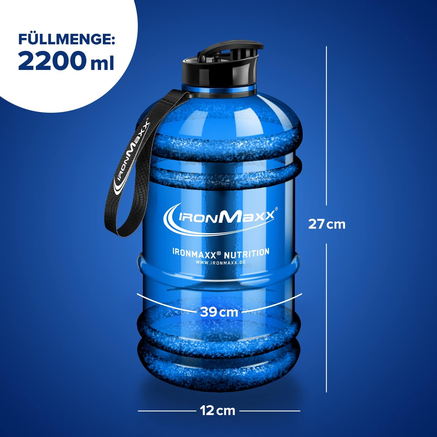 IronMaxx Water Gallon – 2,2l auslaufsichere Fitness Trinkflasche aus Plastik – BPA frei – blau Matt
