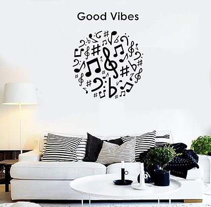 ISEE 360 Music Symbols Good Vibes Wall Sticker for Living Entertainment Kids Bedroom Home Office Decor Black Vinyl Decal L X H 45 x 55 Cms