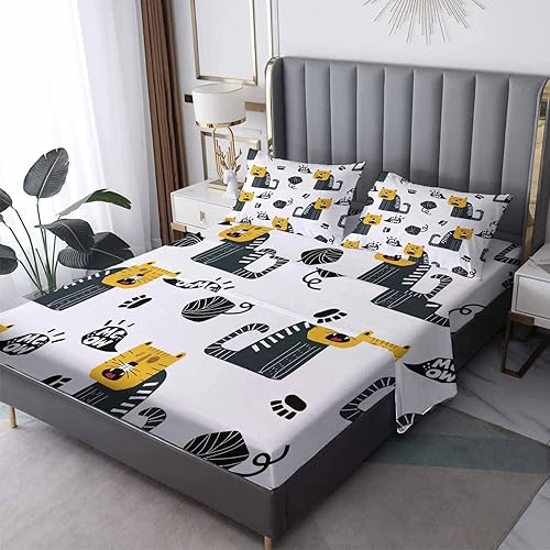 NIYAKA Tiger Sheets - Juego de sábanas de tamaño matrimonial con estampado de patas, decoración de dormitorio, sábanas y fundas de almohada de
