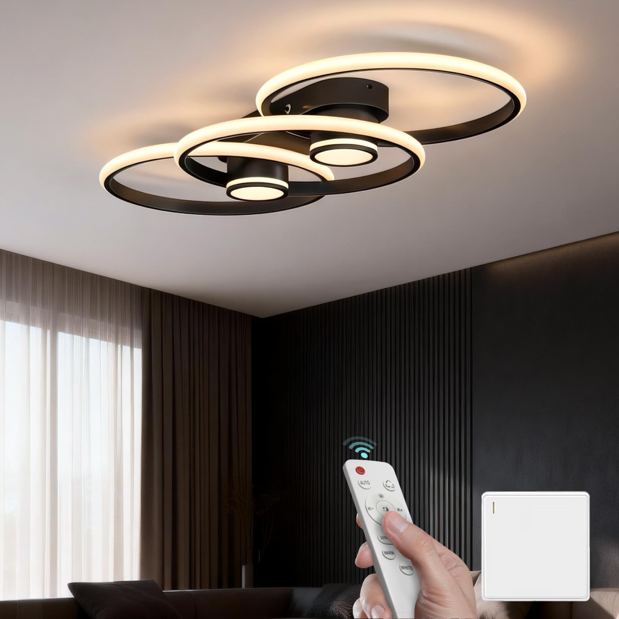 Mai & Mai Plafón LED Negro 70W con Mando a Distancia, 750×325×95 mm, Temperatura Ajustable 3000K–6400K, Estilo Moderno, Acero al Carbono, Aluminio y Silicona, Nuvora02
