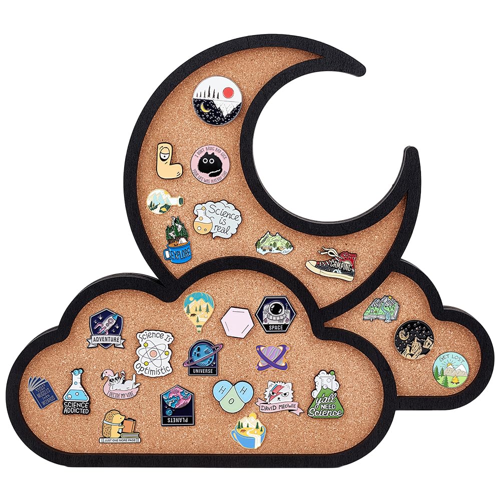BENECREAT Square Moon Pin Board Cork Board, 10.2x11.8inch Bulletin Display Board Wall Mounted Cork Board with Black Frame for Brooch Pin Storage