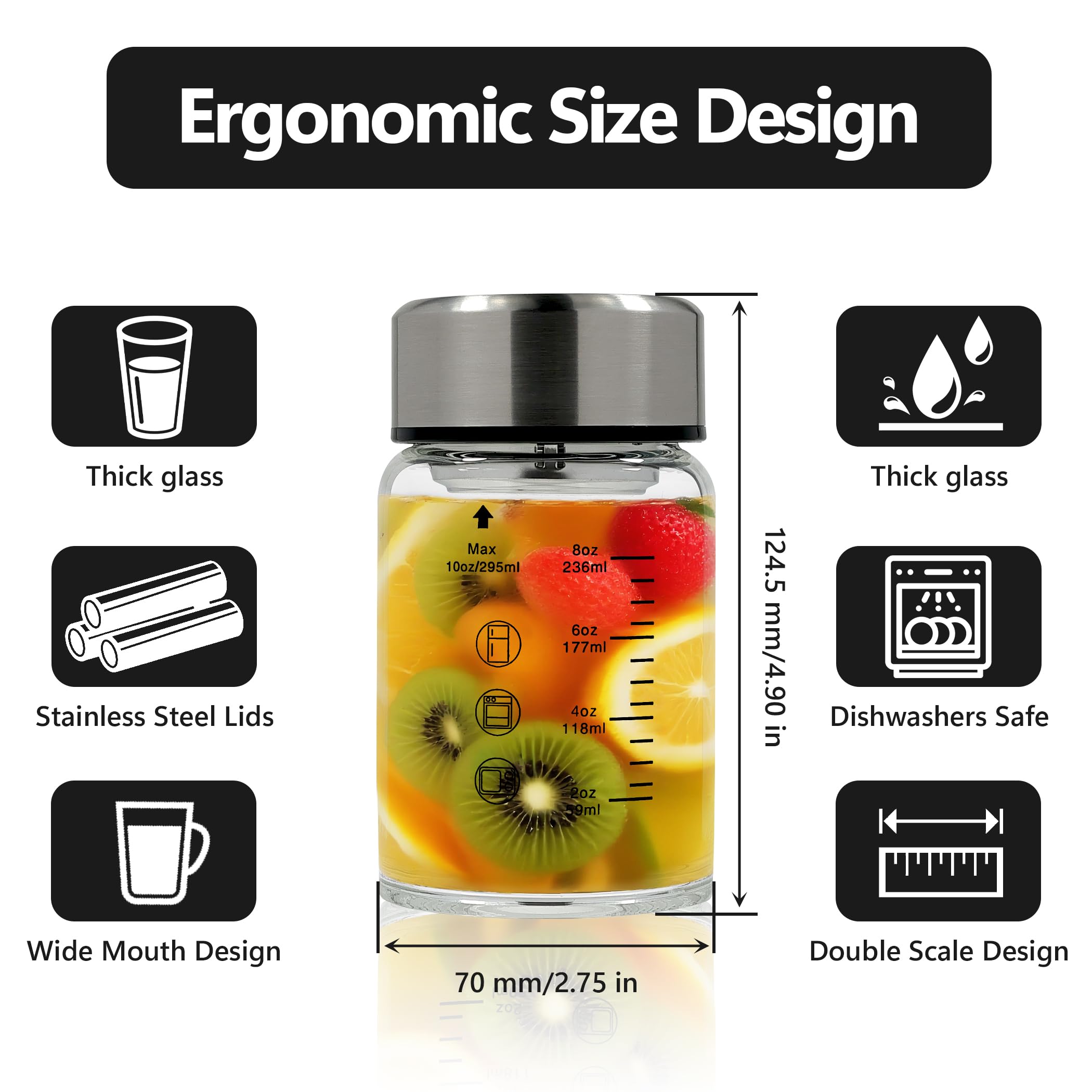 Confezione da 6 bottiglie d'acqua in vetro borosilicato da 283,5 g, apertura larga, con coperchio e custodia, per succhi, frullati, latte, proteine, riutilizzabili, a prova di perdite