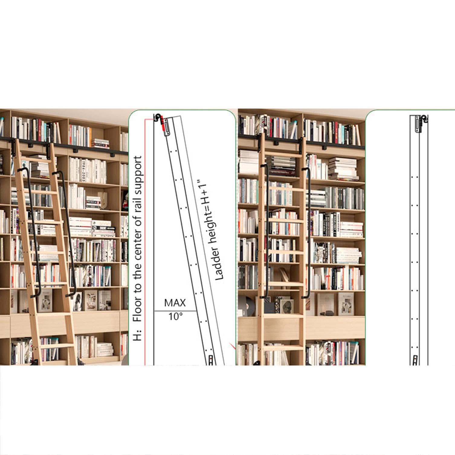 Gancho telescópico en hardware de escalera de biblioteca deslizante, incluye rueda inferior con freno, carga máxima 300 libras,100CM Track Kit