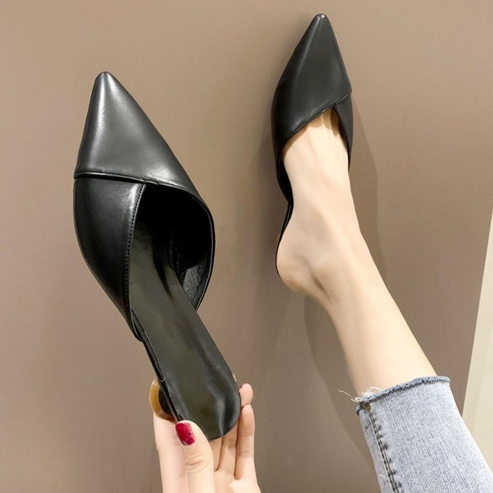Generico Scarpe da Donna Mule con Slingback E Punta Appuntita | Scarpe Da Vestito Da Ufficio Con Taglio A V, Scivolare Su Sandali Estivi, Tacchi Bassi A Cilindro Sandali Casual