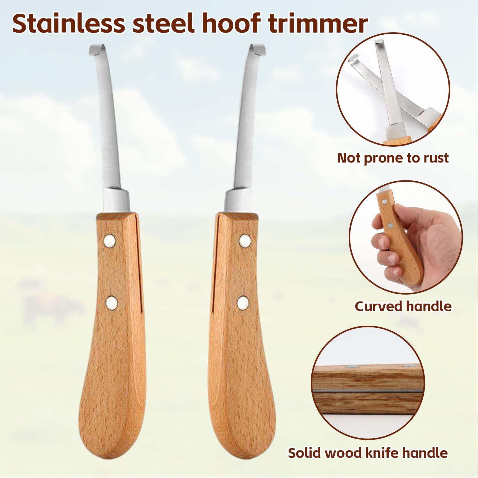 2 piezas Cuchillo para Pezuñas, 21.5 CM Cuidado de Los Cascos Acero Inoxidable Zurdos y Diestros, Herramientas para Recortar Pezuñas con Mango de Madera para Ganado Vacuno, Ovino y Equino
