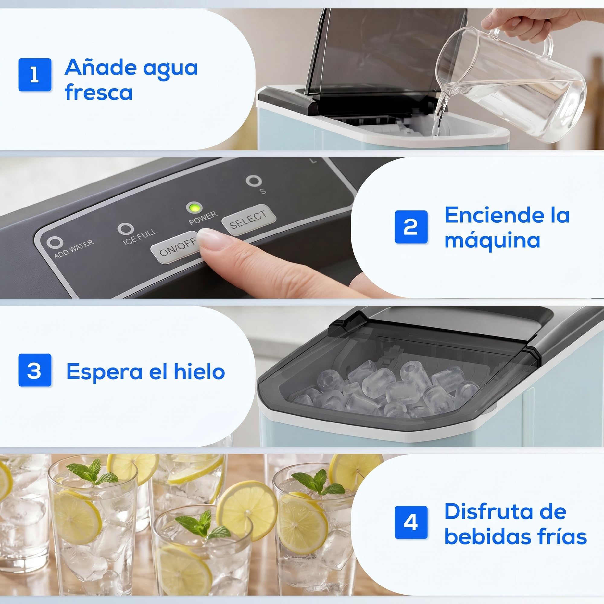 HOMCOM Máquina de Hielo, Máquina de Cubitos de Hielo Autolimpiable, 12 kg/24H, 9 Cubitos Listos en 7 Minutos, 2 Tamaños de Hielo, 1,5L Depósito, para Hogar, Cocina, Oficina, Bar, Azul — view 9