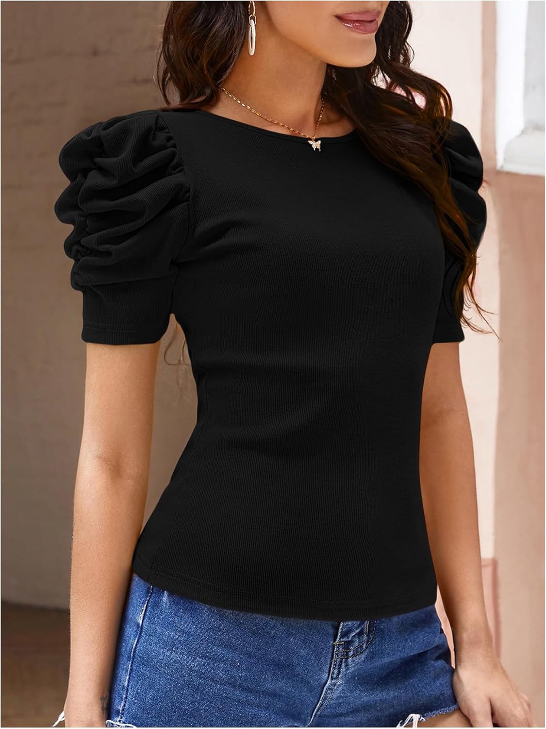 WDIRARA Women's Crew Neck Short Puff Sleeve T Shirts Solid Rib Knit Tee Fitted Top - Image 3