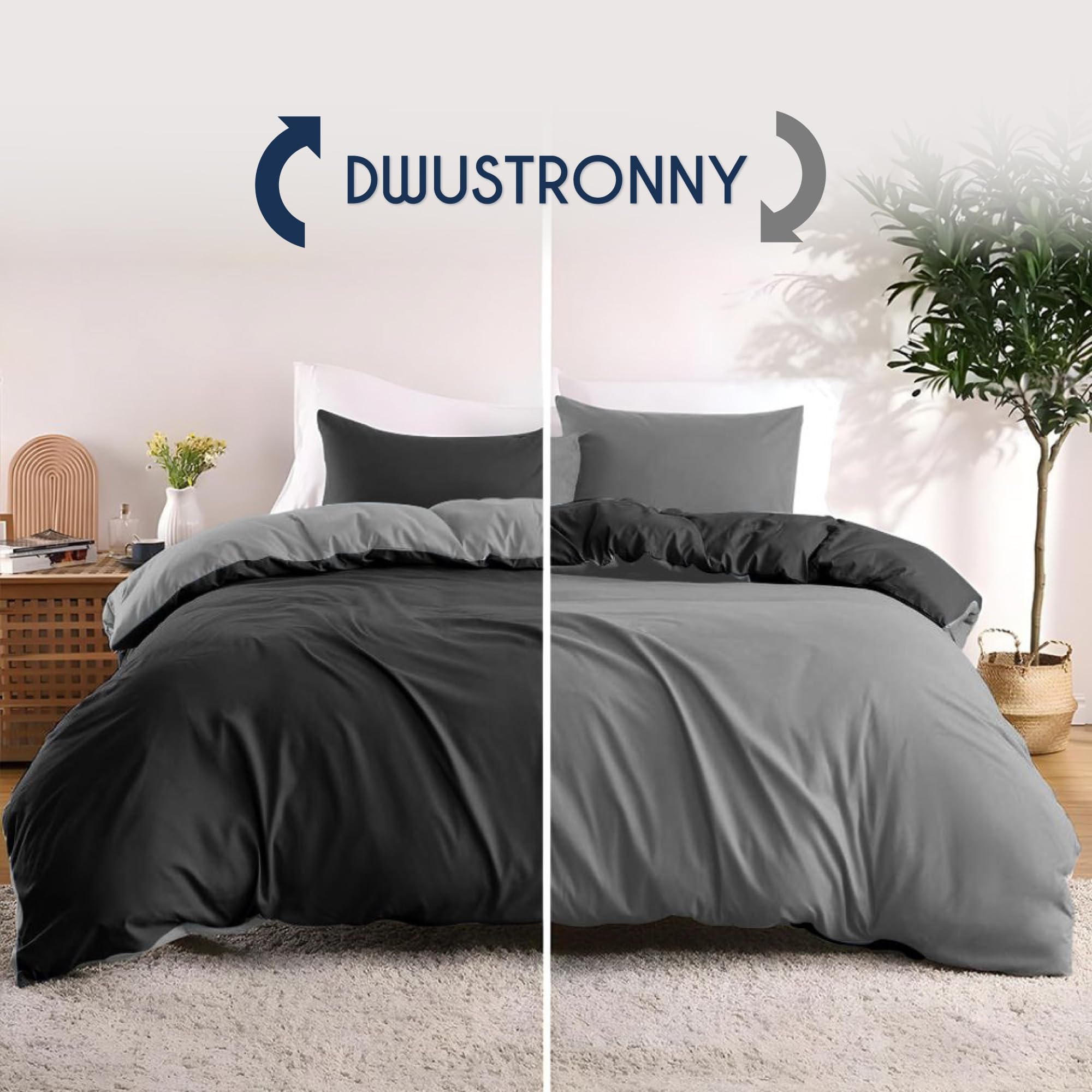 Dreamzie - Poszewka na kołdrę 260x240 cm z 2 poszewkami na poduszki 65x65 cm - Czarny/Ciemnoszary - Zestaw pościeli 260x240 ze 100% mikrofibry - 3 sztuki - Oeko TEX