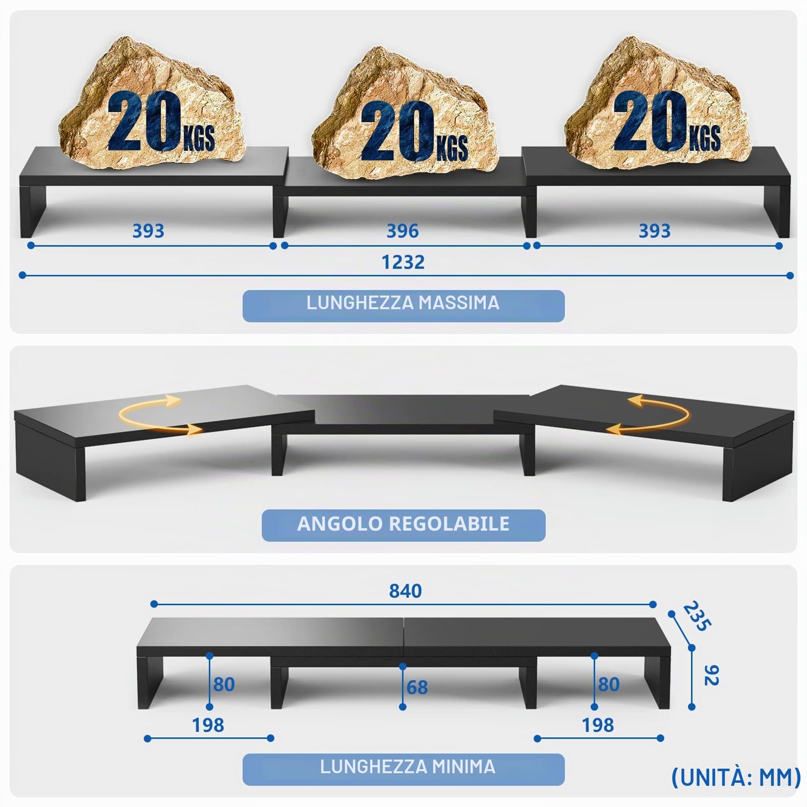 RFIVER Supporto per Doppio Monitor, Supporto Monitor 3 Ripiani per Laptop, Lunghezza Regolabile e Angolo di Rotazione di Legno Desktop Organizer Supporto Max 20 kg Nero