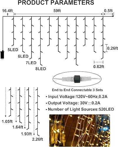 Miniatura 7 de Luces de carámbano para Navidad al aire libre, 520 LED, 49 pies, luz blanca cálida, 80 carámbanos, 2700K, con control remoto/8 modos/temporizador,