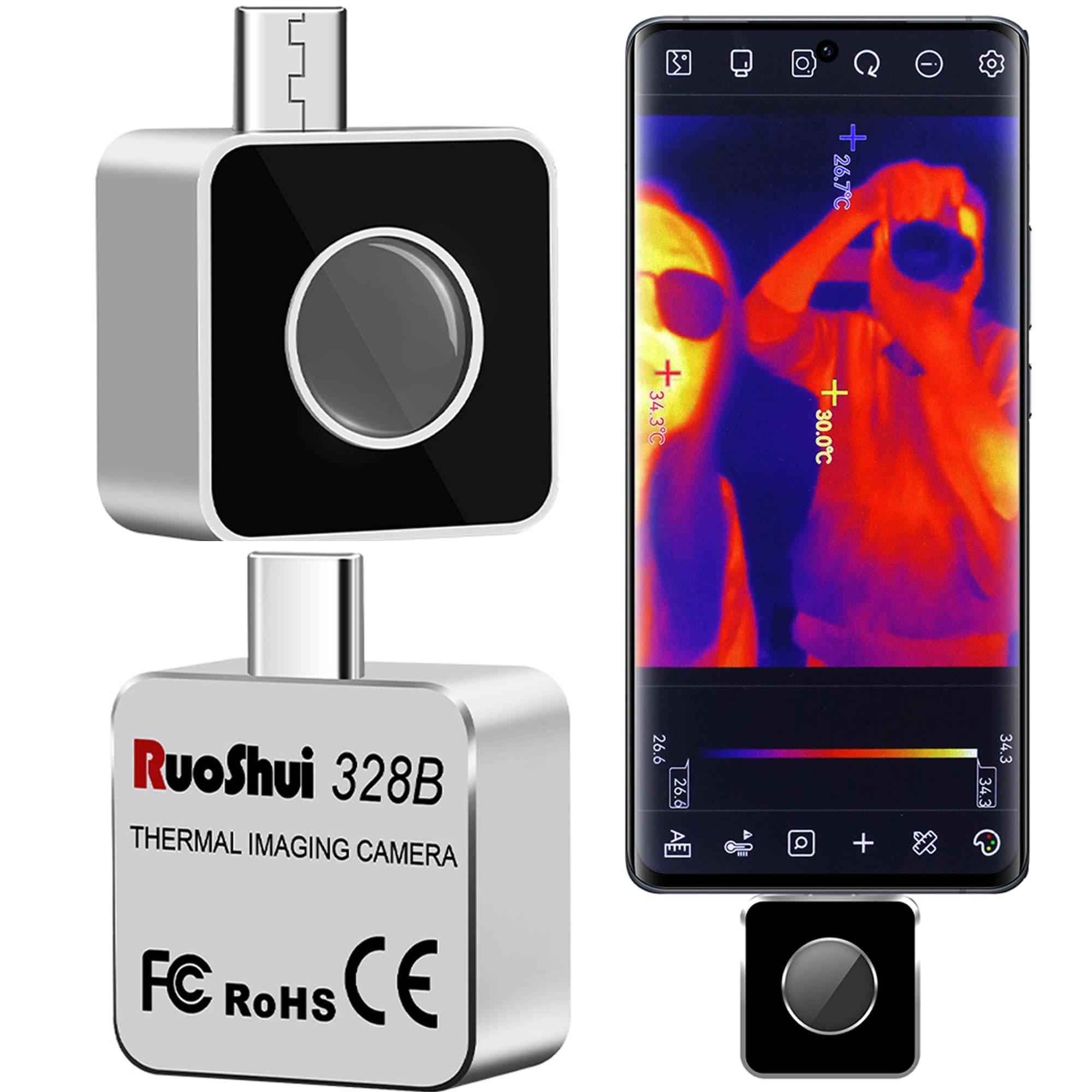 RuoShui 328B Thermal Imaging Camera connected to an Android phone, displaying a thermal image of power lines.