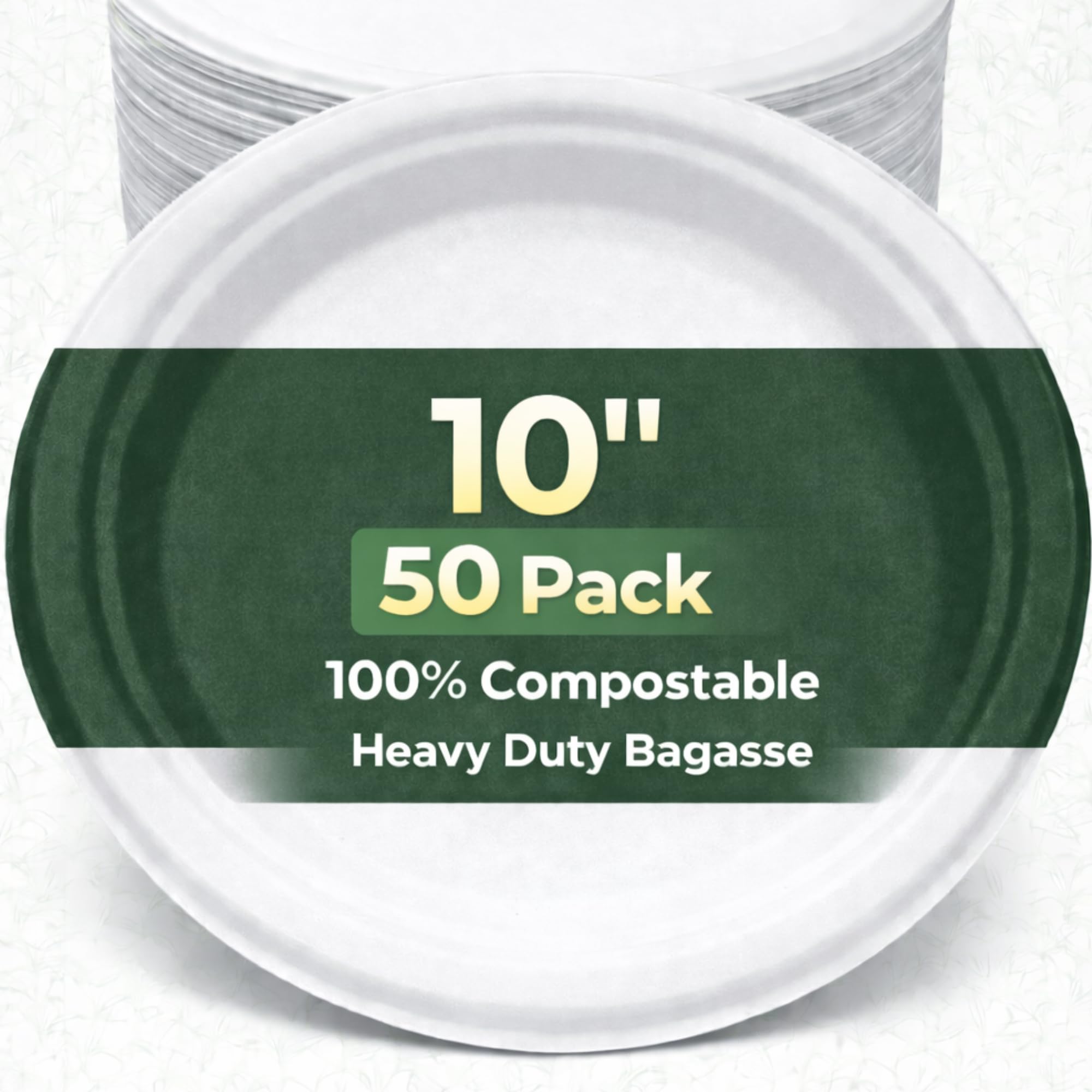 Ruiyang 50 Pack Extra Strong White Disposable Bagasse Plates, 10 Inch – 100% Compostable & Biodegradable Sugarcane Fibre Plates, Heavy-Duty Eco-Friendly for BBQ, Wedding, Office, Picnics & Parties