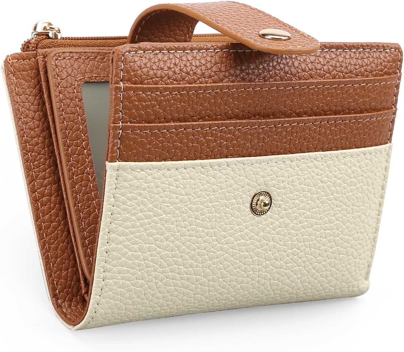 GOIACII Small Wallet for Women Slim RFID Blocking Credit Card Holder Bifold Leather Wallets with Zipper Coin Pocket Beige Brown