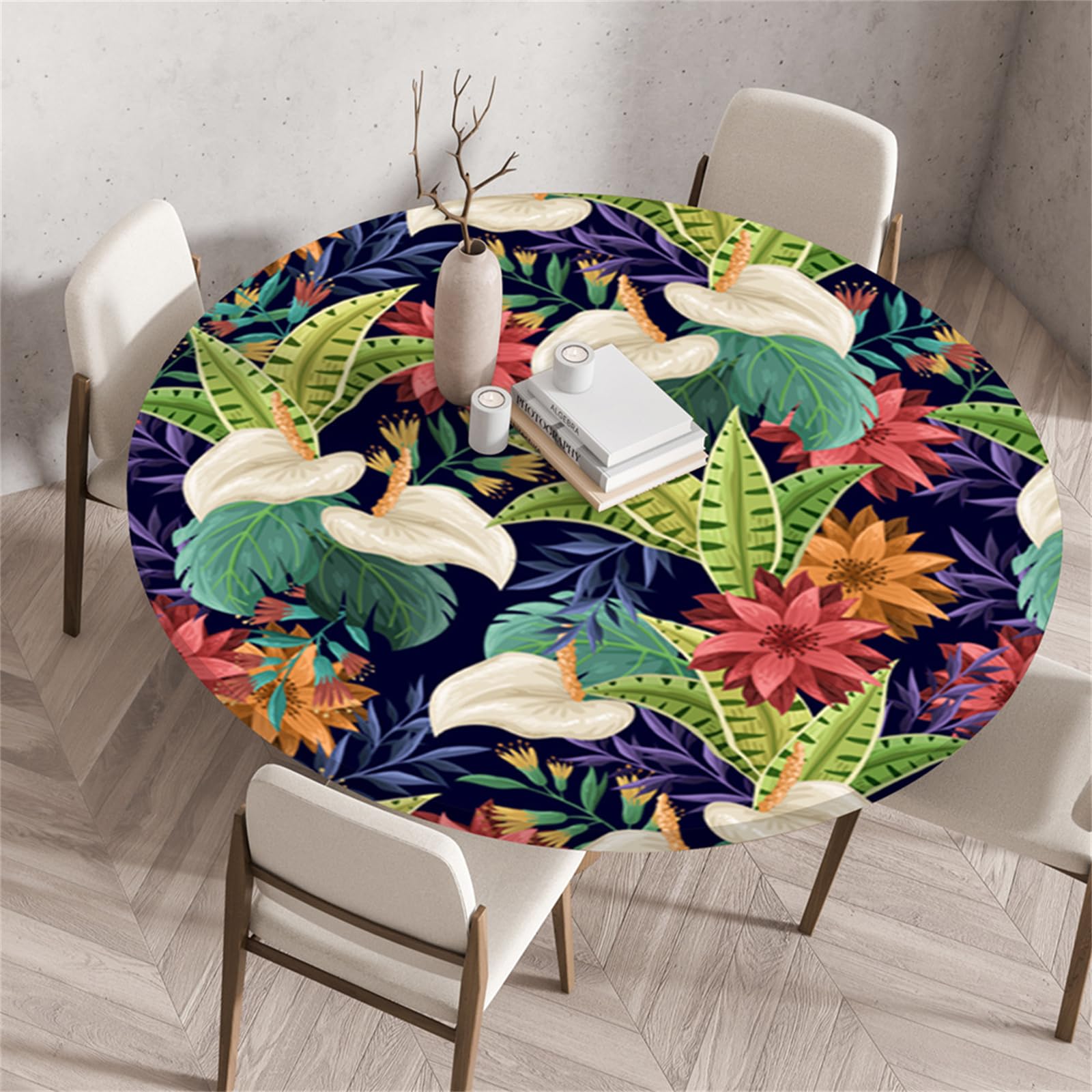 Muiuou Round Tablecloth,Printing Tabletop,Reusable Waterproof Oil-Proof Elastic Edged Round Table Cover Protector Cloth,Fitted Kitchen Dinning Room Home Decoration (Diameter 140cm,Style 14)