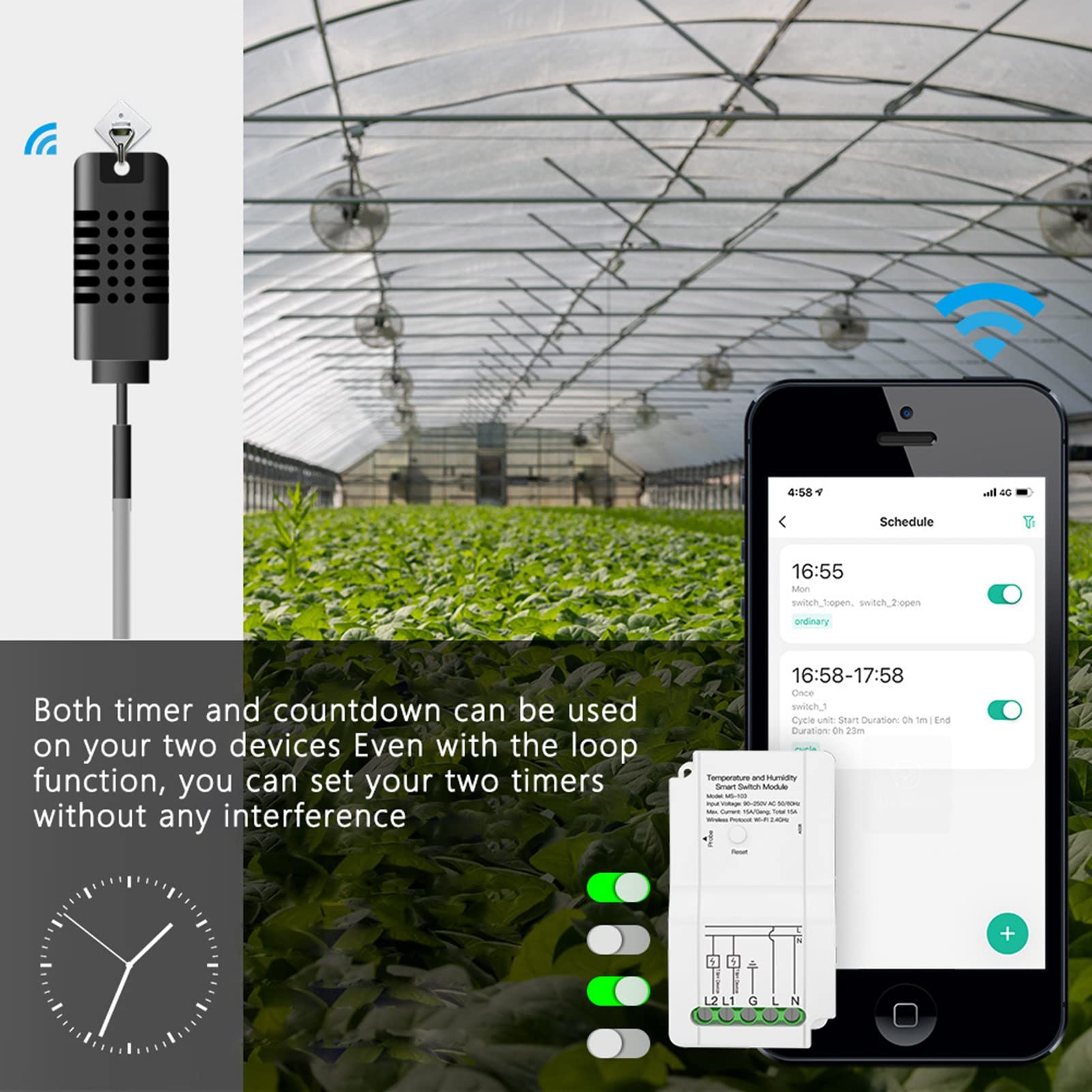 Interruptor De Sensor De Humedad, 90-250 V Smart WiFi Temperatura Humedad Interruptor Módulo Timing App Control Remoto con Sondas Detección De Humedad para Terrario De Invernadero De Setas