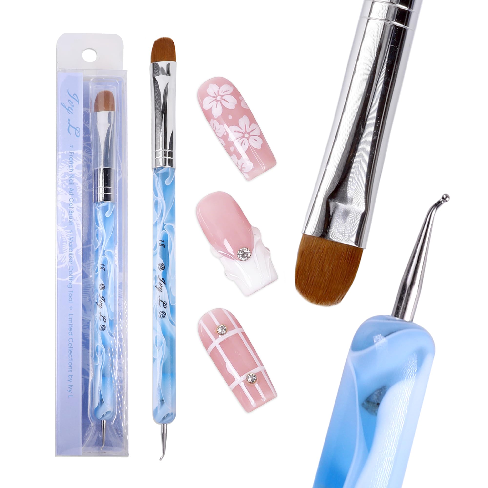 Ivy L 2- Way French Gel Acrylic Nail Art Kolinsky Brush with Dotting Tool for Professional Manicure Cuticle Clean up Nail Art Design (Size # 18, Blue