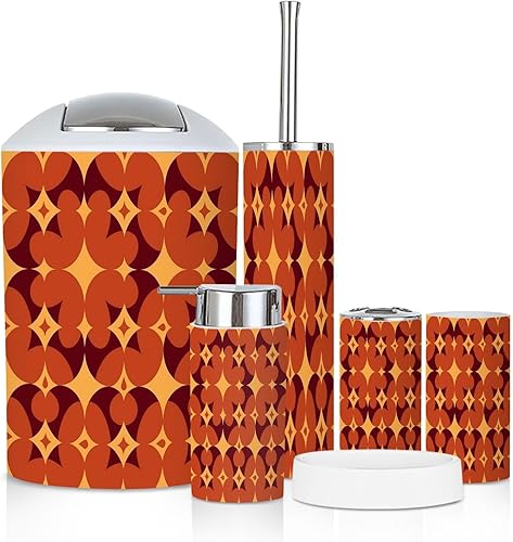 Bathroom Accessory Set 6PCS 70s Retro Vintage Mid Century Modern Seamless Trash Can, Soap Dispenser, Toothbrush Holder, Toothbrush Cup, Toilet Brush