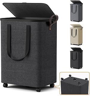 Laundry Basket with 5 Wheels, Rolling Laundry Hamper, 75L, Deep Gray | Clothes Hamper with Wheels and Lid, Collapsible for Bathroom, Bedroom, Dorm & Laundry Room with Multiple Carry Handles.