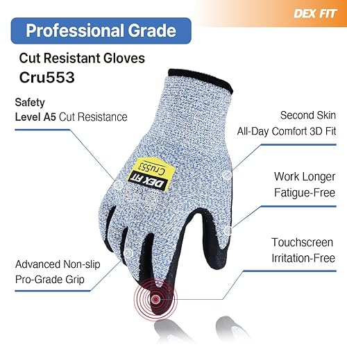 Miniatura 9 de DEX FIT Cru553 - Guantes resistentes a cortes nivel 5, ajuste cómodo 3D, agarre firme, delgados, ligeros, compatibles con pantalla táctil y lavables